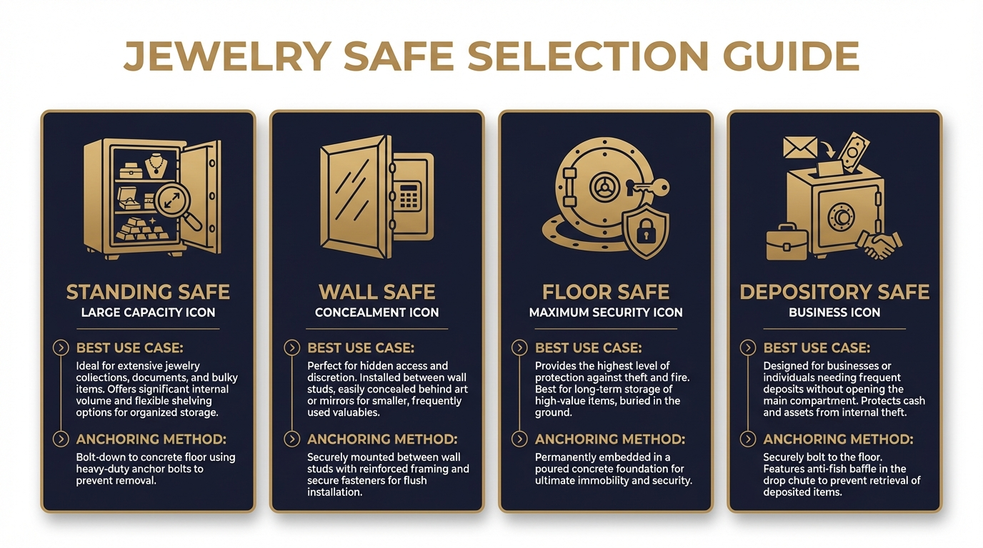 Different types of jewelry safes showing standing safe, wall safe, and floor safe options for San Antonio homes