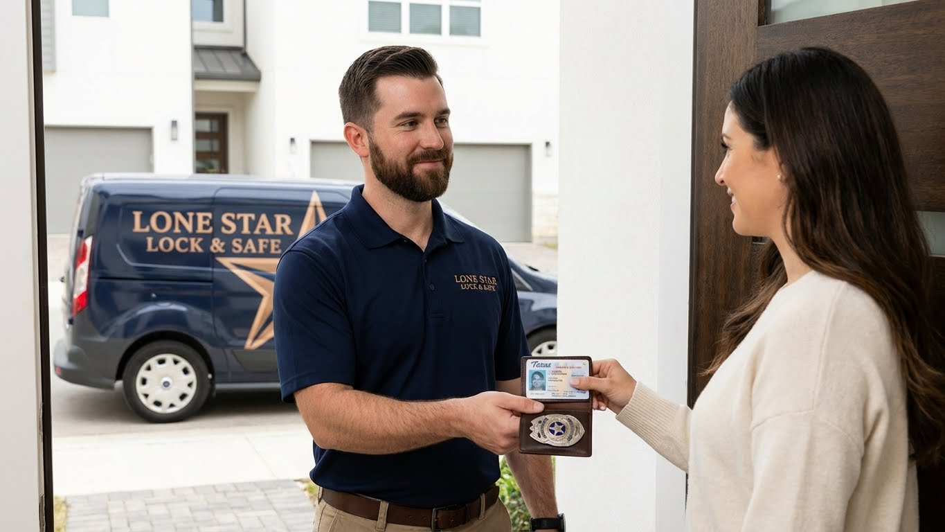 Licensed locksmith technician changing locks on San Antonio home