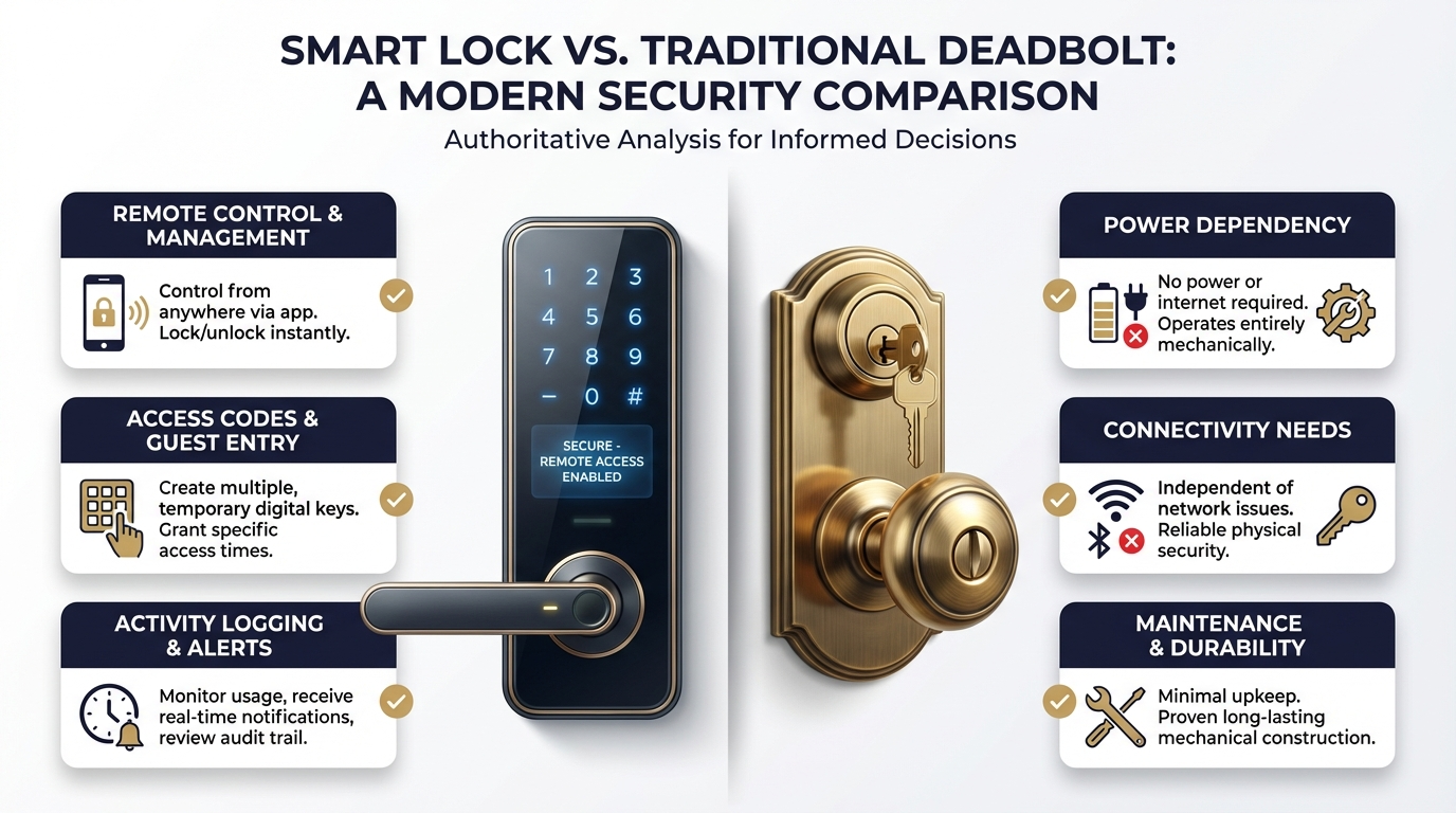 Side by side comparison of Ring smart lock and traditional deadbolt