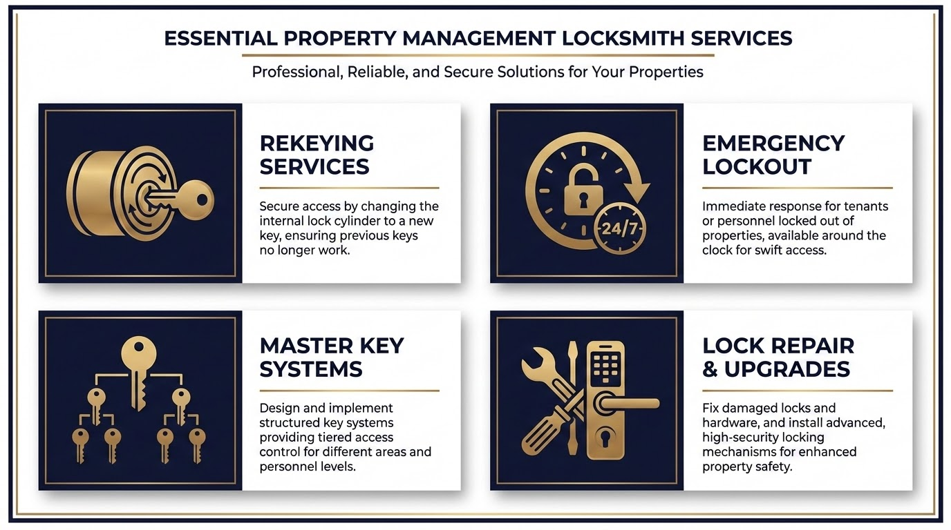 Property management locksmith services in San Antonio including rekeying, master key systems, and emergency lockout response