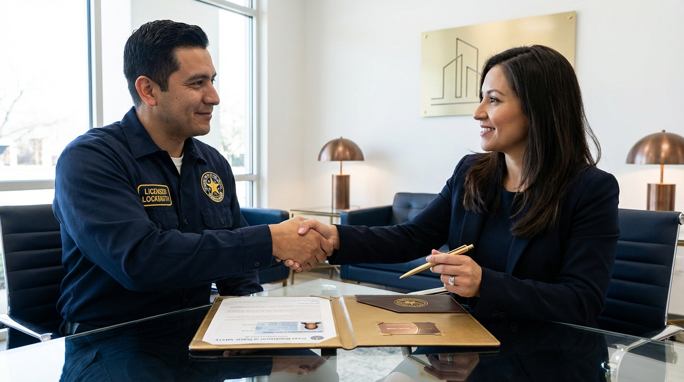 Licensed Texas locksmith performing commercial lock installation