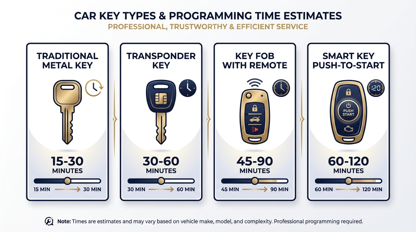Different car key types including traditional keys, transponder keys, and smart key fobs