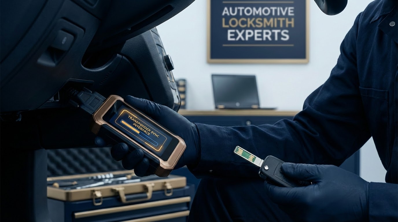Automotive locksmith programming a transponder key using diagnostic equipment