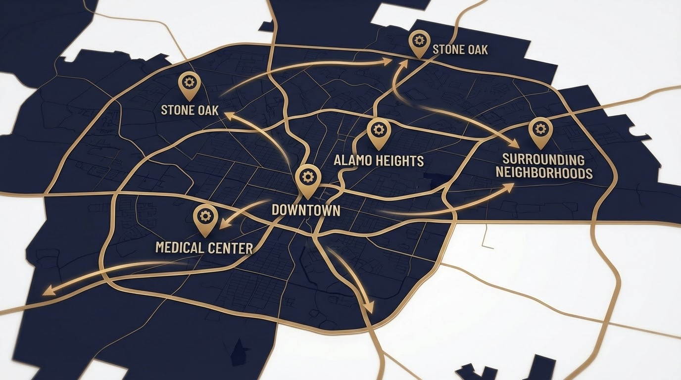 San Antonio neighborhood map showing locksmith service areas and response zones