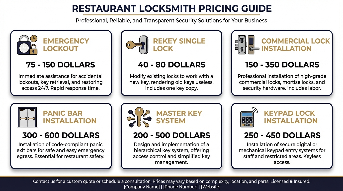 Restaurant locksmith pricing guide San Antonio showing cost breakdown for commercial lock services