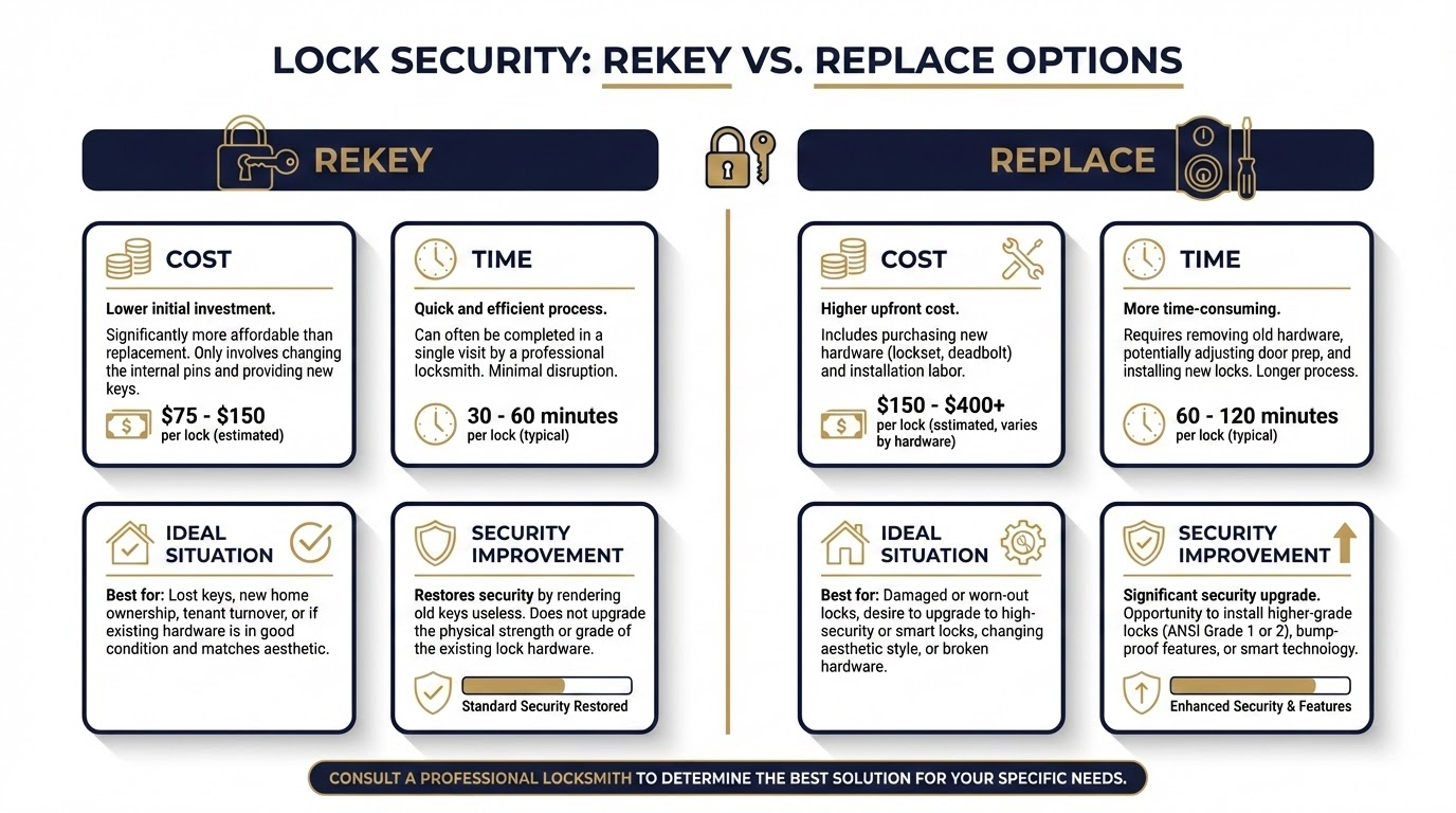 Locksmith technician demonstrating difference between rekeying and replacing commercial locks