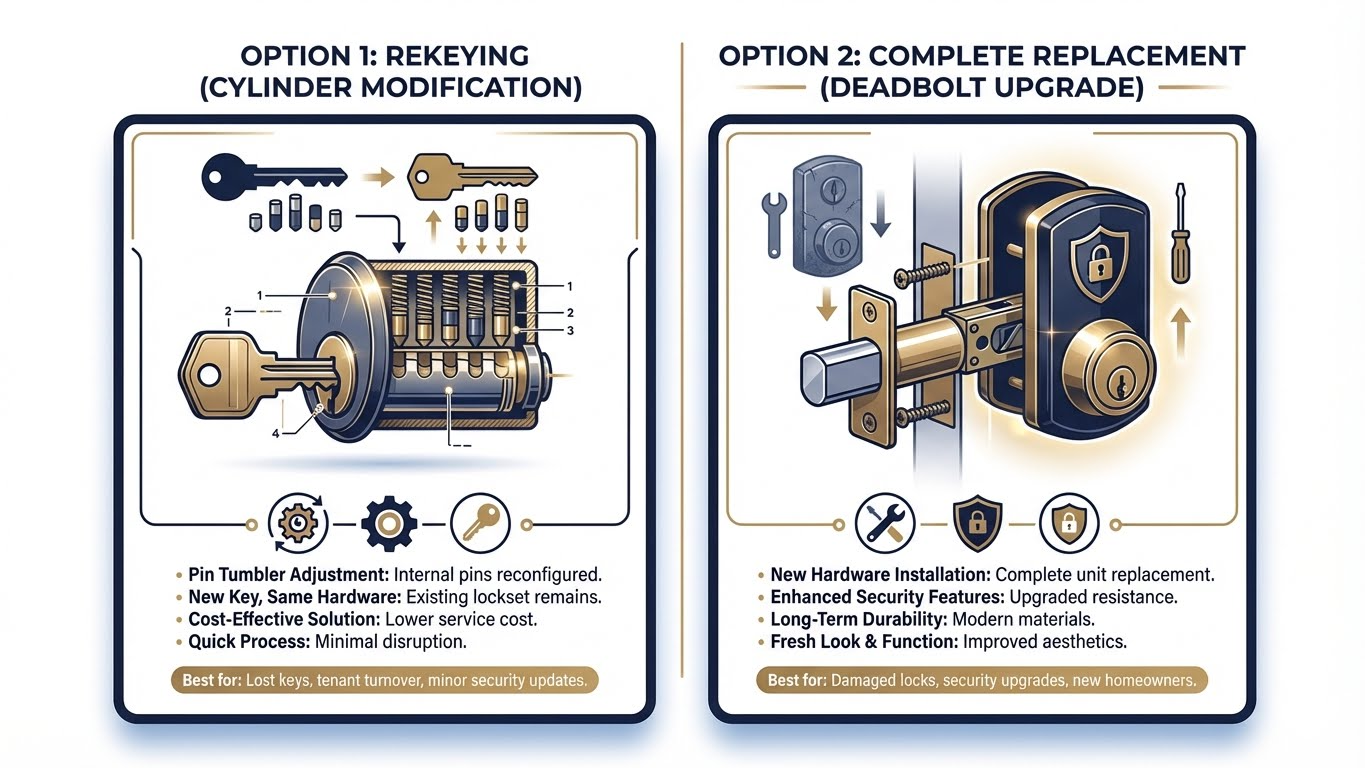 Locksmith explaining rekey vs lock replacement options to San Antonio homeowner