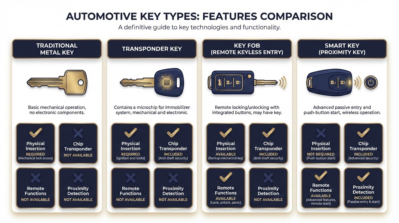 Comparison of transponder keys, smart keys, and key fobs for vehicles in San Antonio