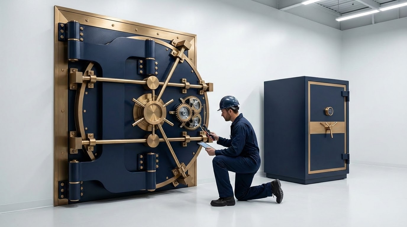 Professional vault locksmith working on commercial vault door in San Antonio business