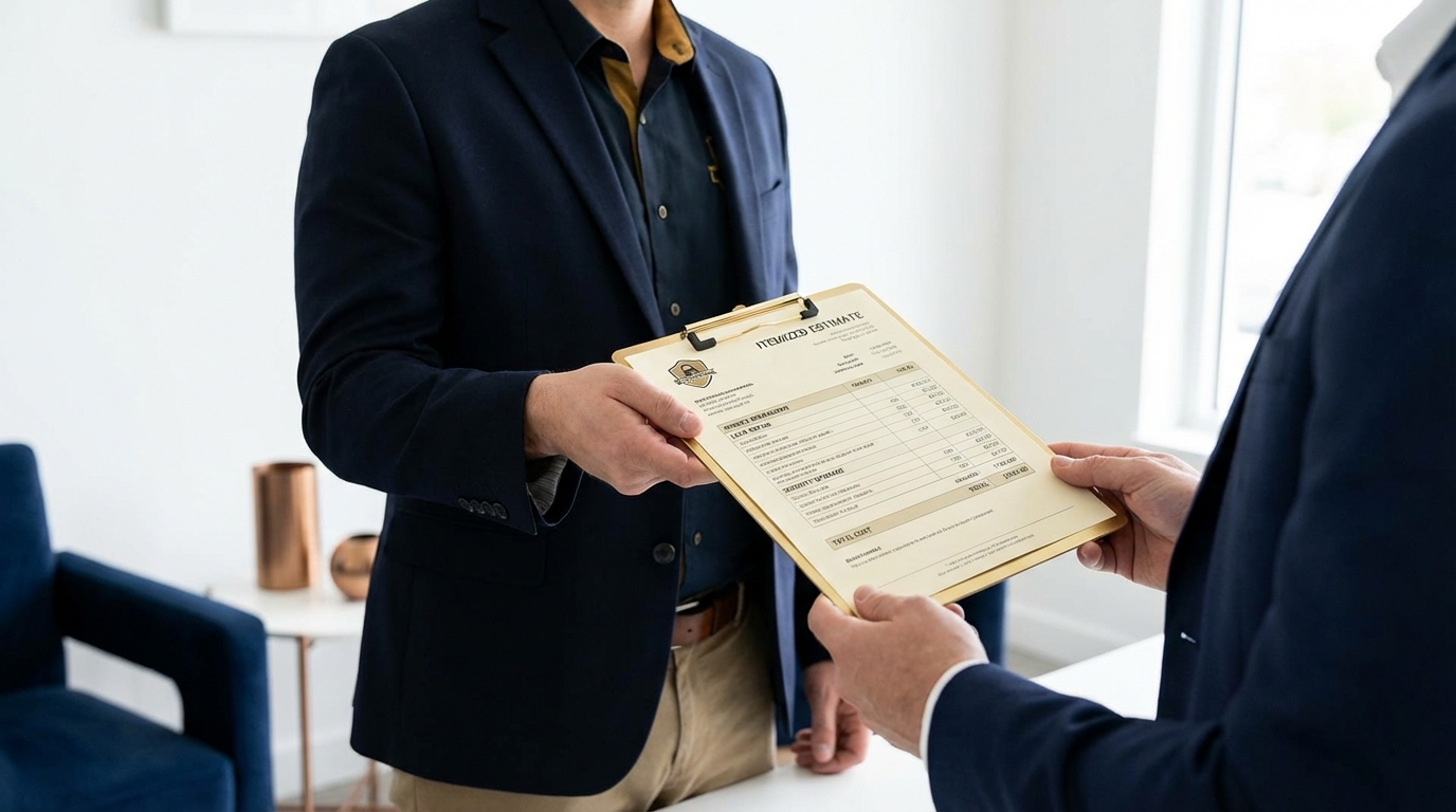 Locksmith providing written estimate and transparent pricing breakdown to business customer