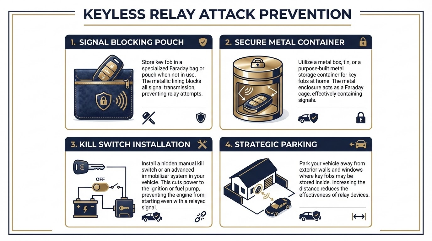 Diagram showing how keyless relay attacks work and prevention methods