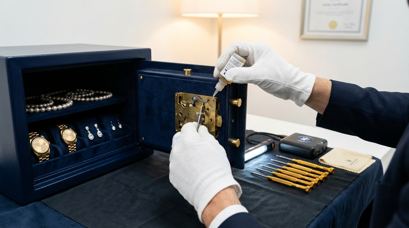 Professional locksmith performing maintenance on a jewelry safe lock mechanism