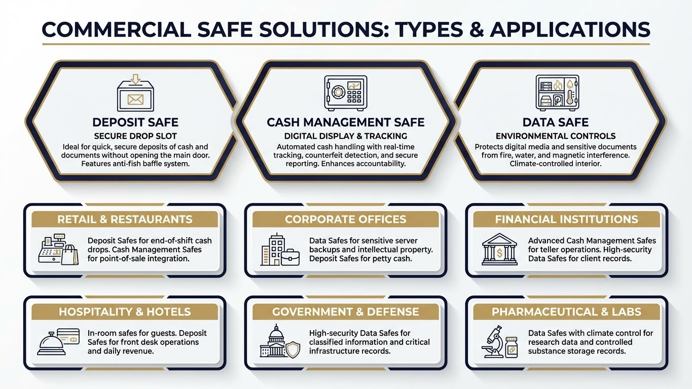 Various types of commercial safes requiring specialized locksmith services in San Antonio