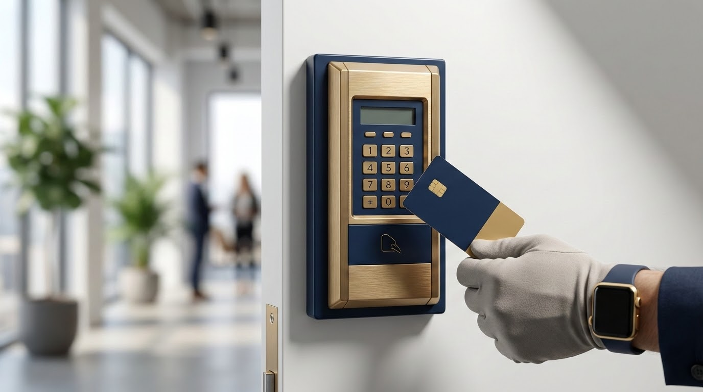 Modern electronic access control keypad installed on commercial office door in San Antonio