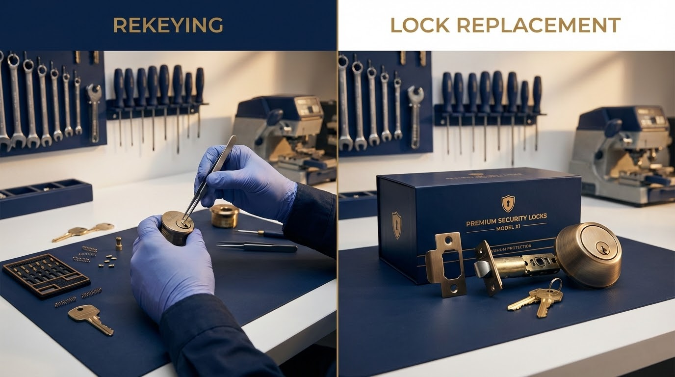 Locksmith rekeying a residential door lock in San Antonio home