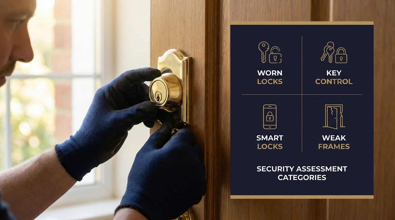 Professional locksmith inspecting residential deadbolt lock