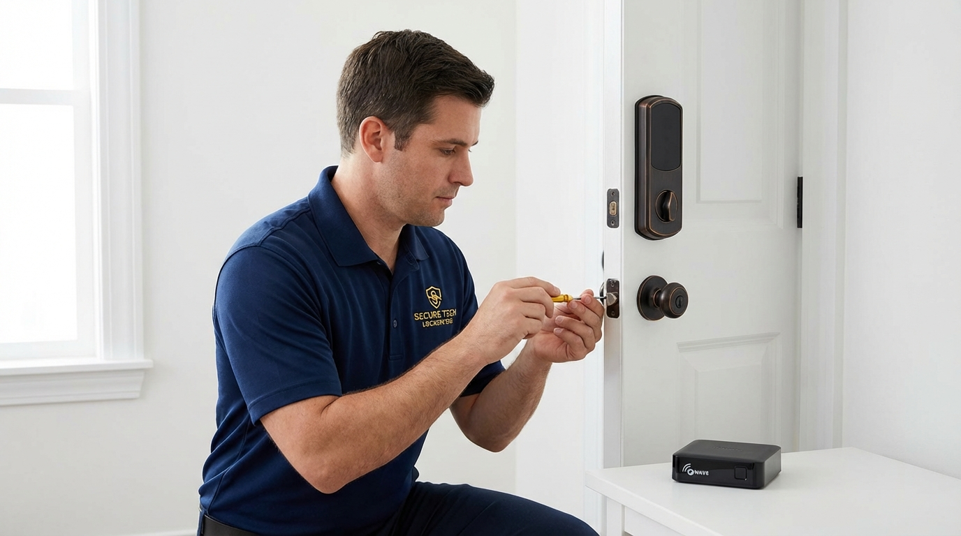 Professional locksmith installing Ring smart lock on residential door in San Antonio