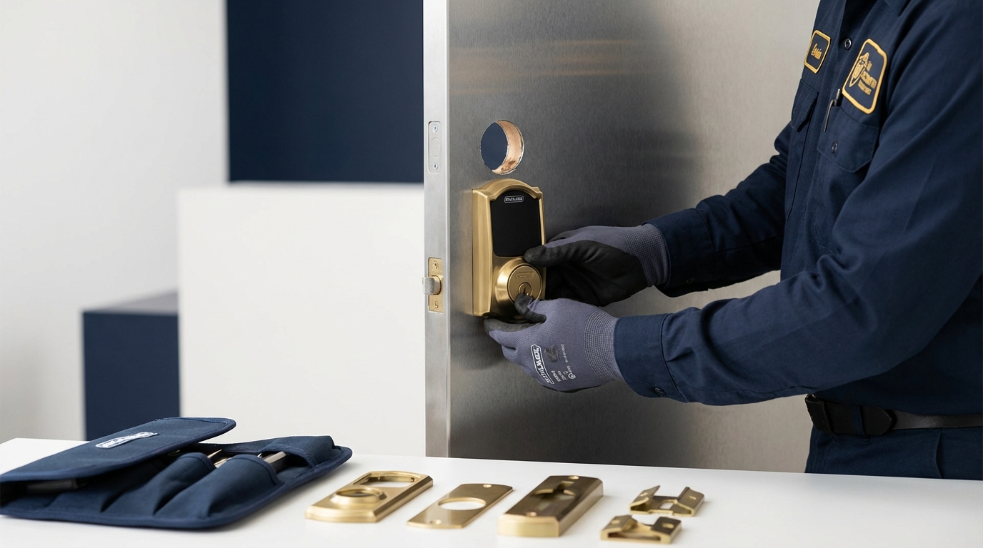 Professional locksmith installing a Schlage smart lock on a metal door in San Antonio