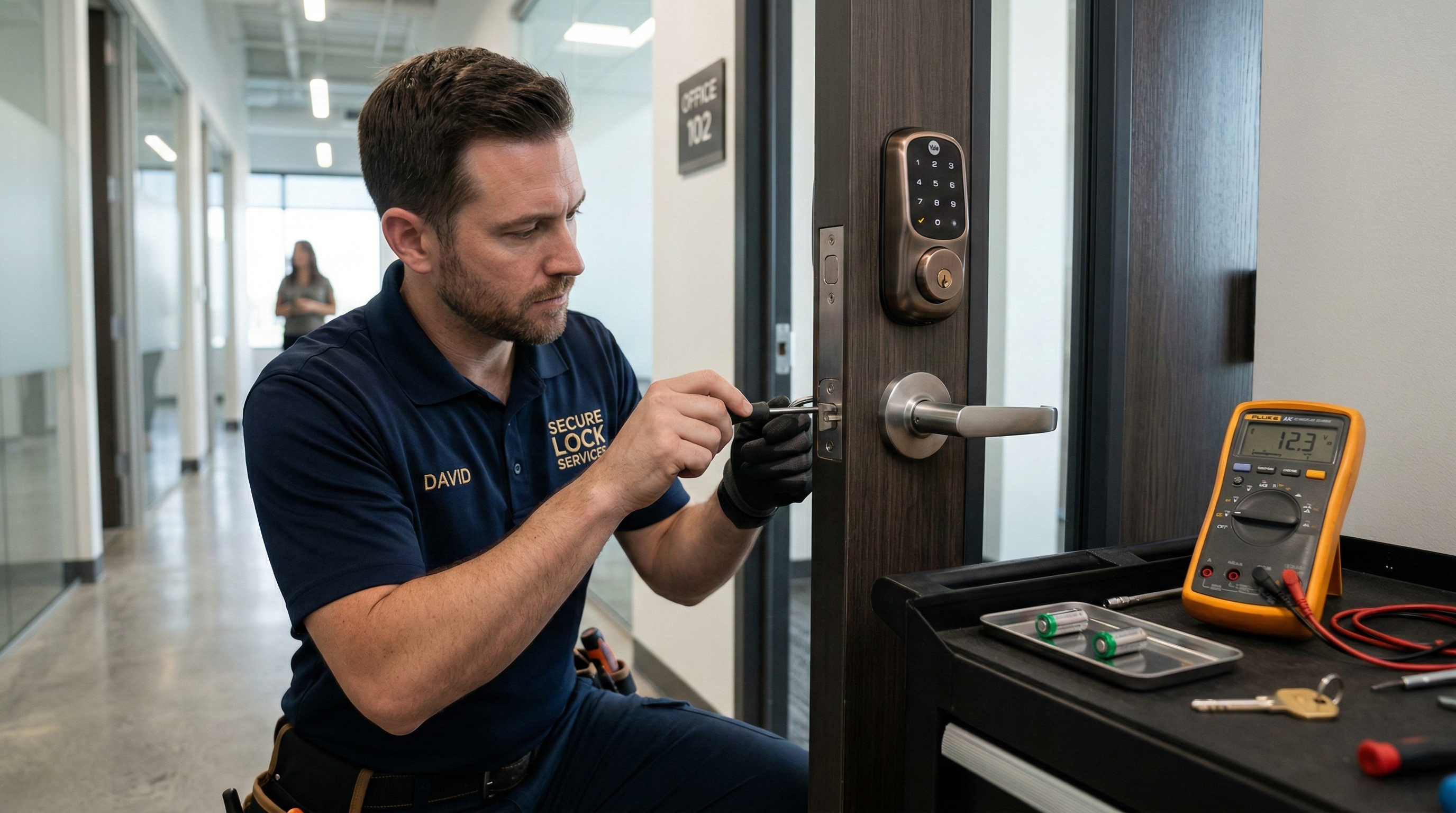 Locksmith diagnosing and troubleshooting a Yale smart lock error on a commercial property door