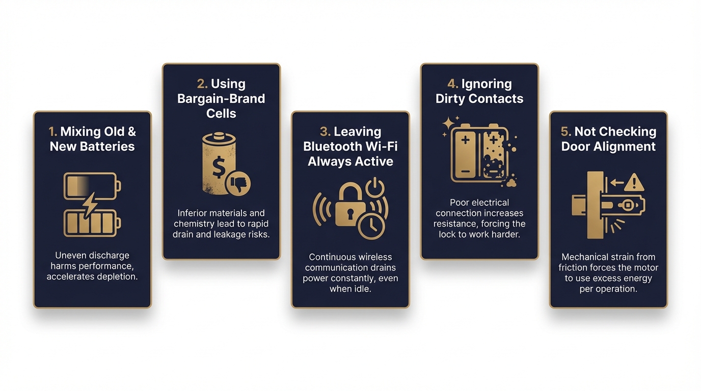 Common mistakes that shorten electronic lock battery life including mixed batteries and corroded contacts on a keyless deadbolt