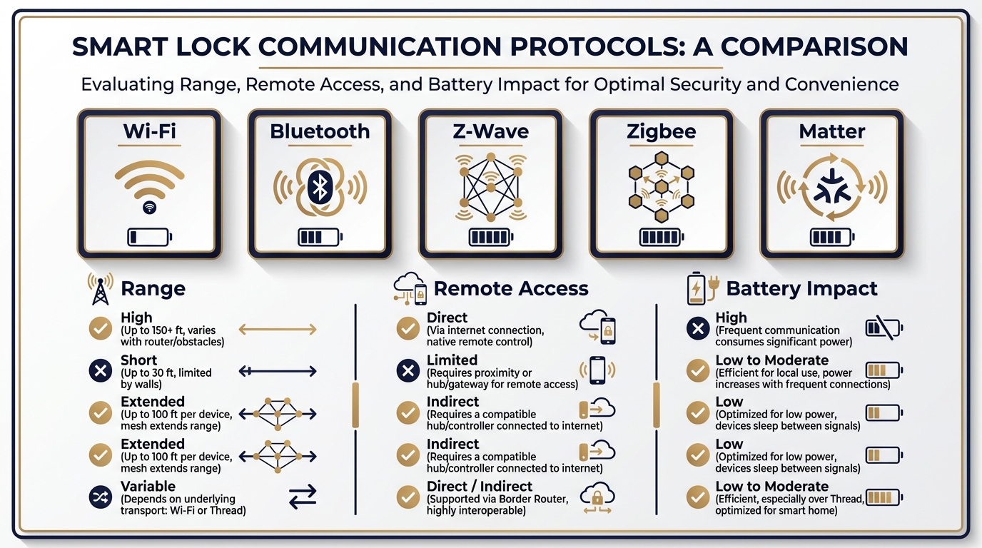 Comparison of smart lock communication protocols for San Antonio homes including Wi-Fi, Bluetooth, Z-Wave, Zigbee, and Matter