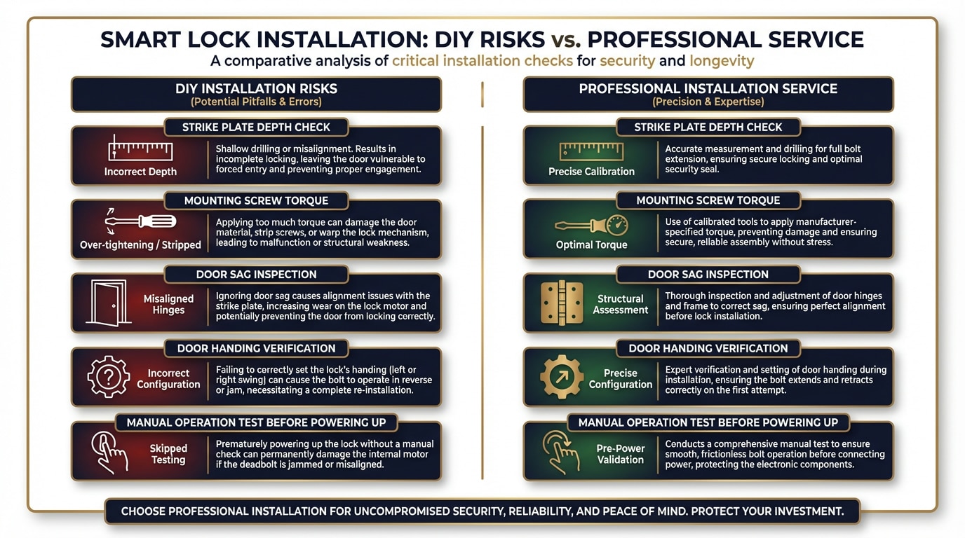 Side-by-side comparison of improperly installed versus professionally installed Kwikset smart lock on San Antonio residential door