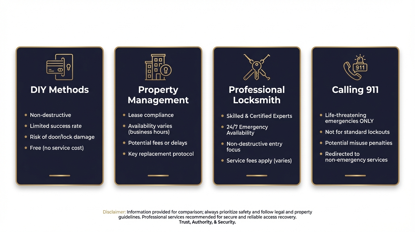 Comparison chart showing DIY apartment lockout methods versus professional locksmith service in San Antonio