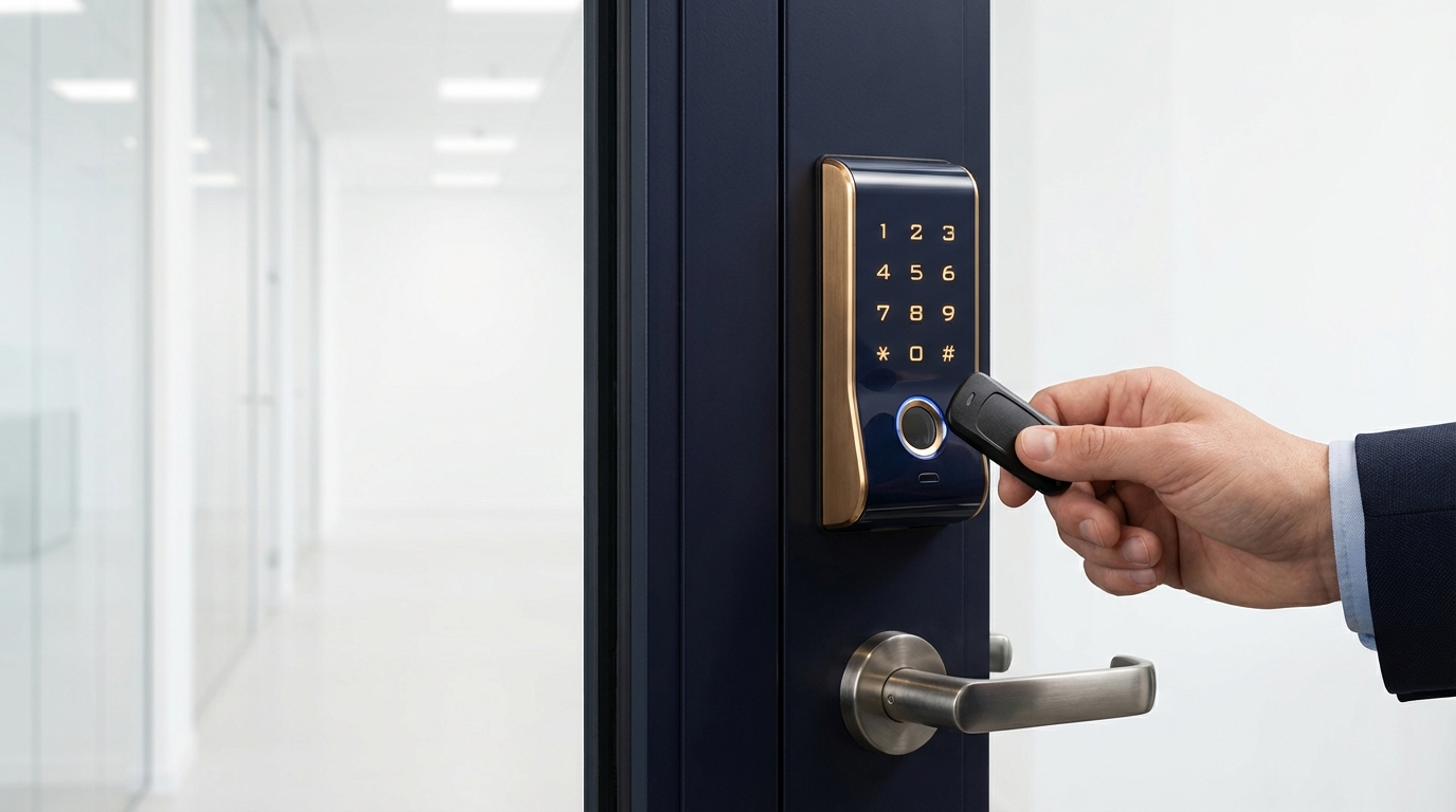 Modern access control keypad and card reader system installed on a San Antonio office door