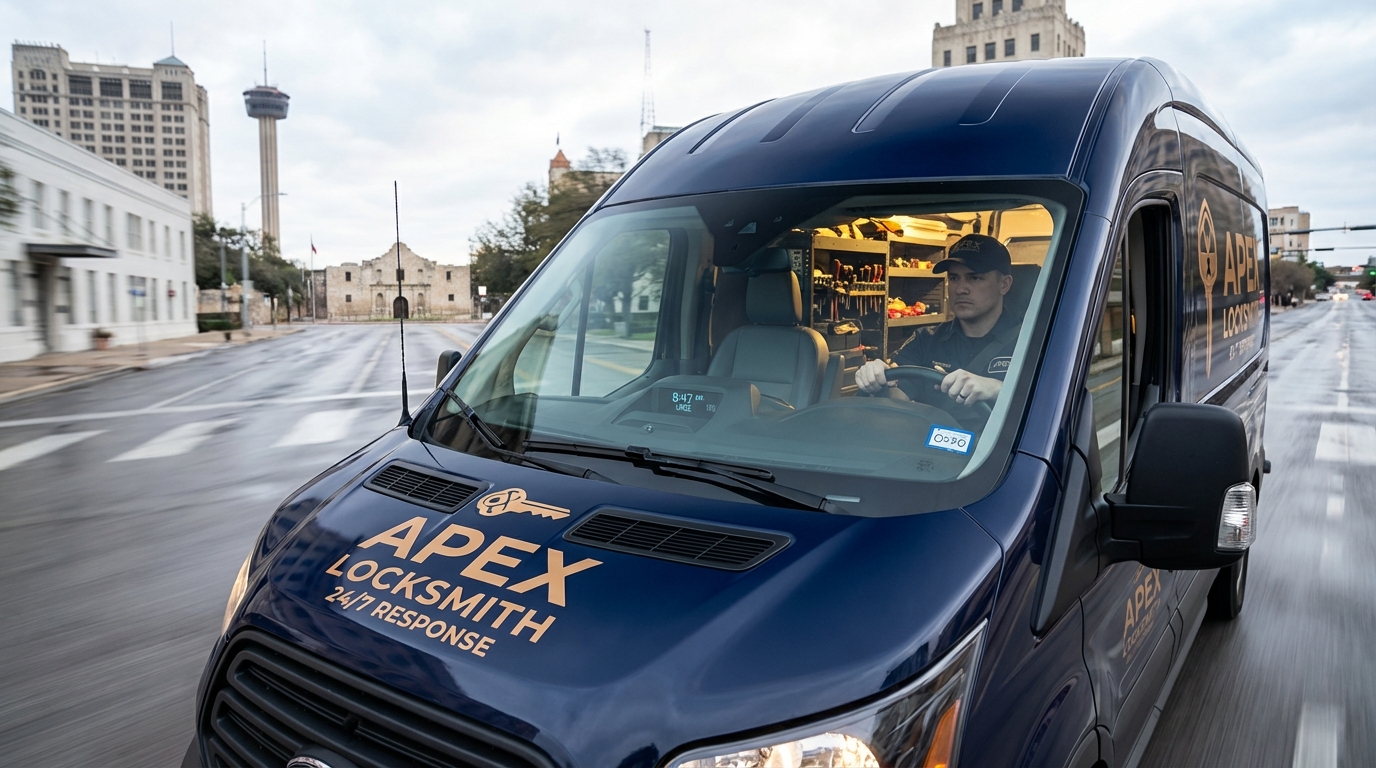 Professional locksmith arriving quickly for an office lockout service call in San Antonio, Texas