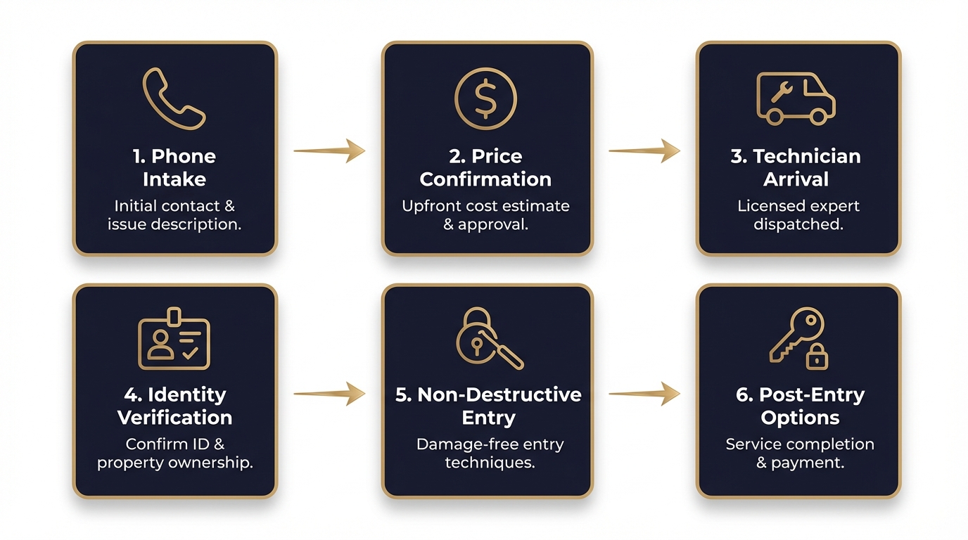 Step-by-step process of Immediate Response Locksmith handling a residential lockout call in San Antonio from phone intake to non-destructive entry