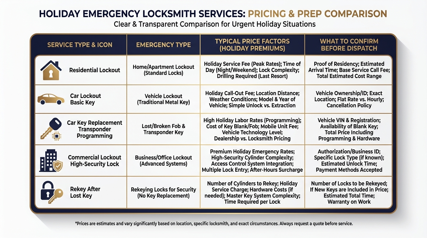 Holiday emergency locksmith cost breakdown in San Antonio showing transparent pricing for residential and automotive lockout services