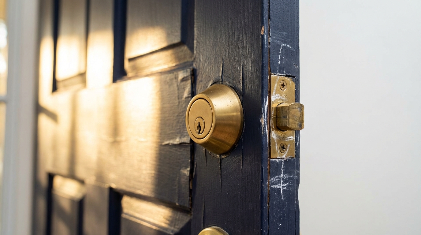 Door frame misalignment caused by San Antonio heat and humidity affecting smart lock deadbolt operation