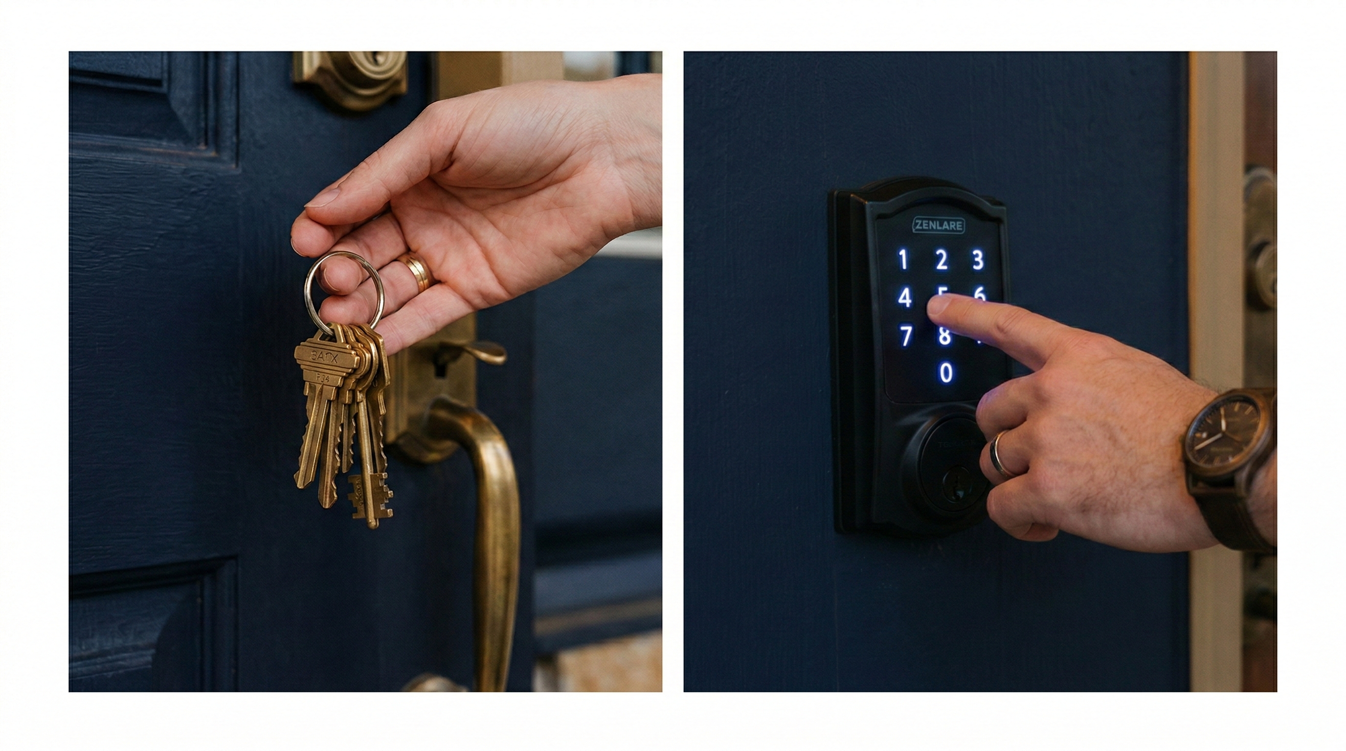 Homeowner comparing a keyless smart lock and a traditional keyed deadbolt on a San Antonio home entrance