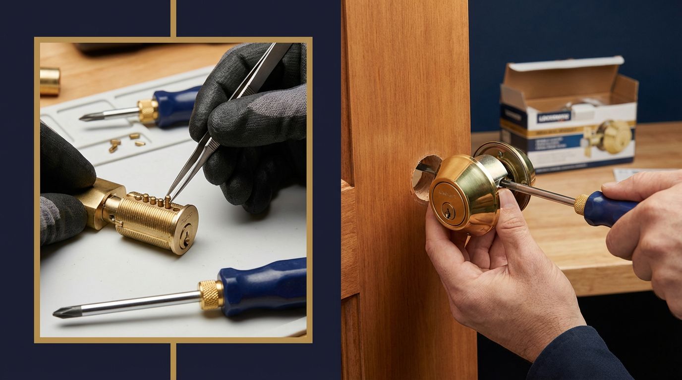Side-by-side comparison of rekeying a lock cylinder versus installing a new deadbolt on a San Antonio home front door