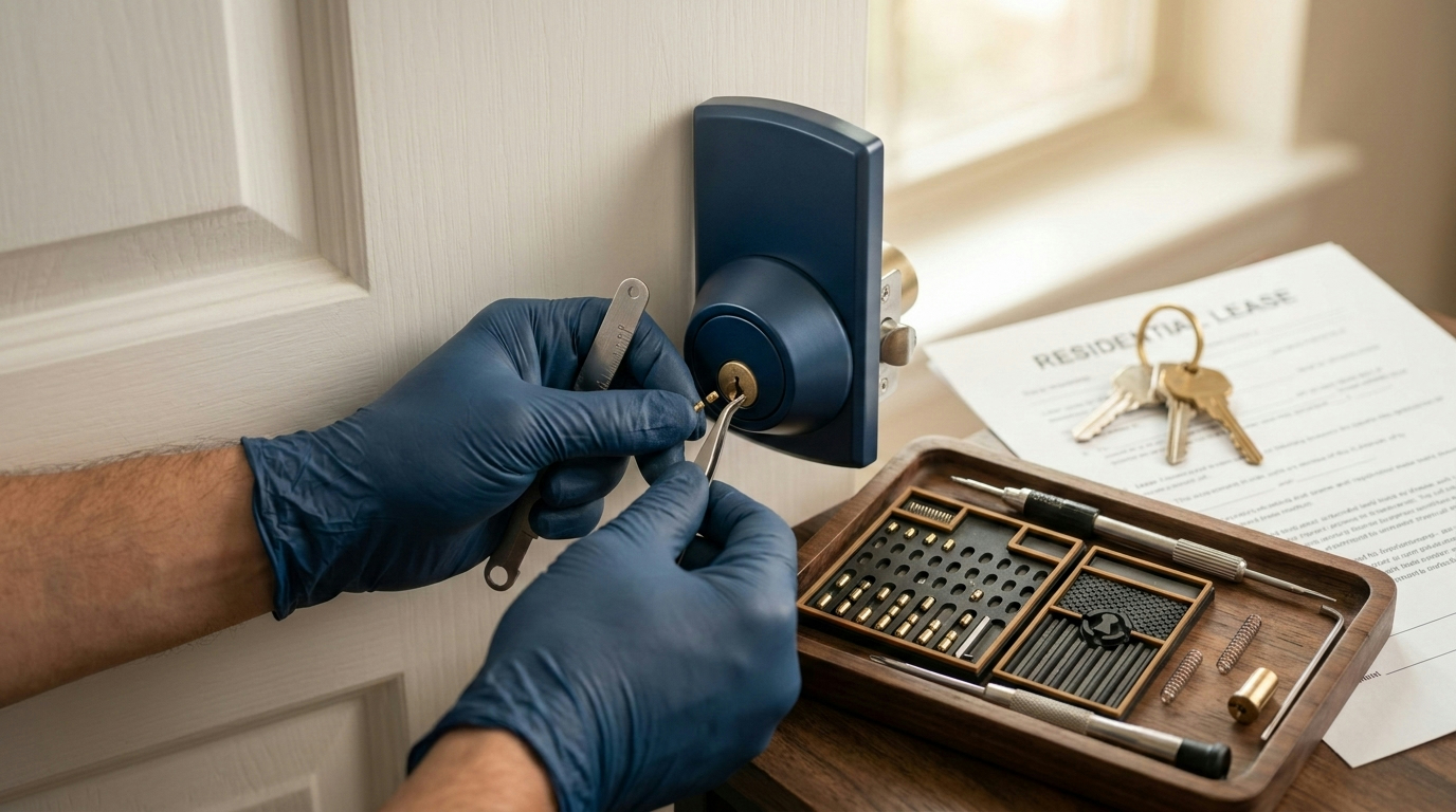 Locksmith rekeying residential door locks on a Saturday in San Antonio Texas
