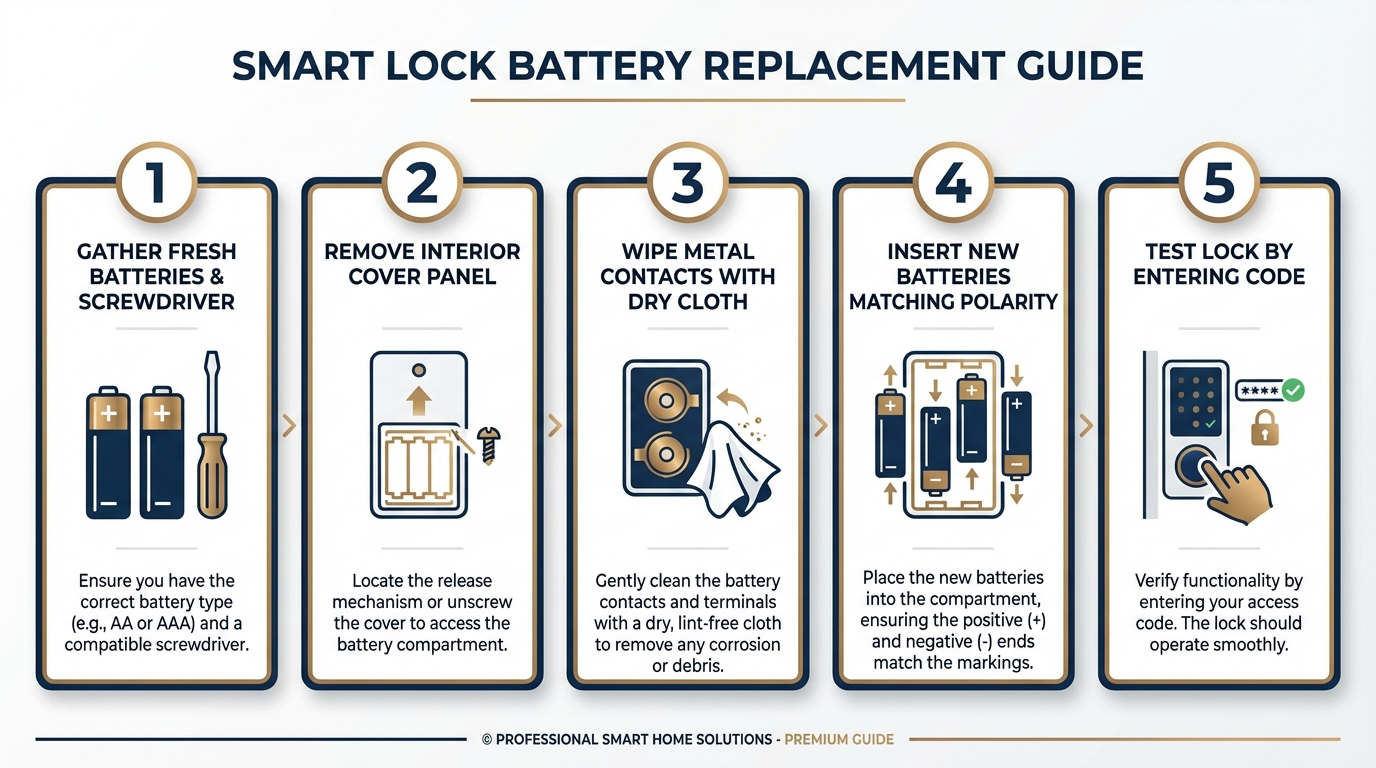 Step-by-step smart lock battery replacement process showing battery compartment access on interior side of residential deadbolt in San Antonio home