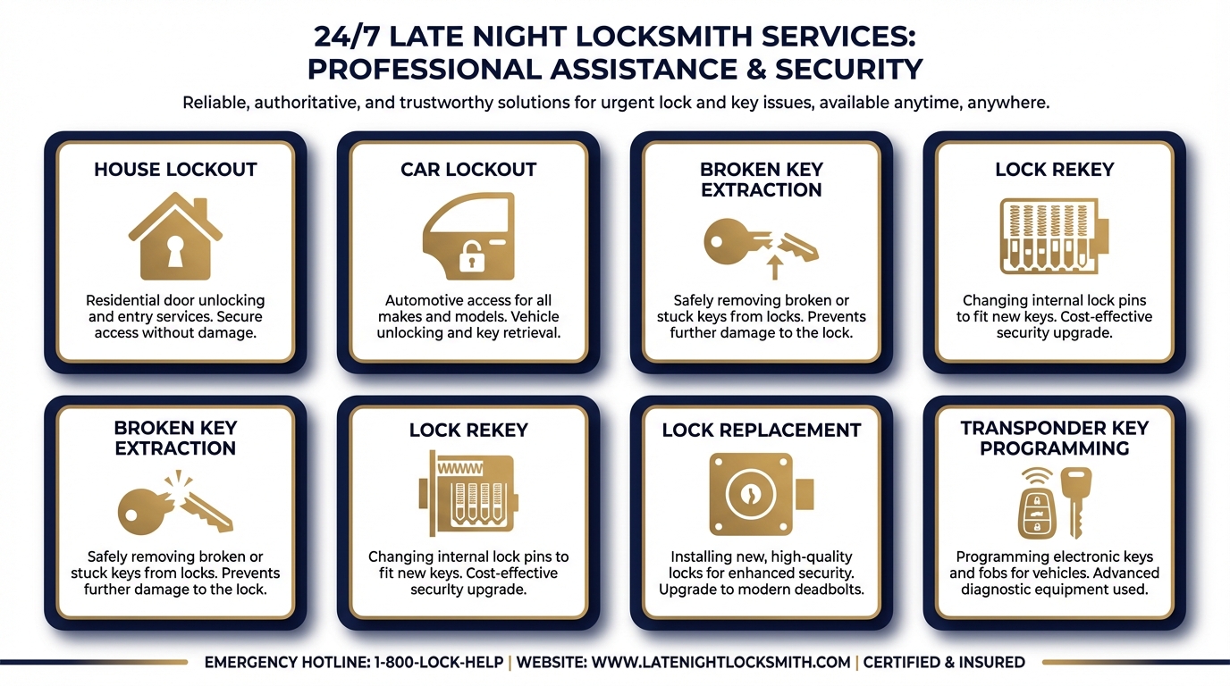 Overview of common late night locksmith services including car lockouts and lock replacements in San Antonio