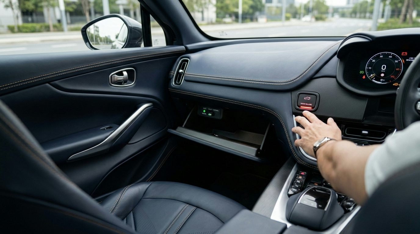 Locksmith technician diagnosing a trunk latch issue on a vehicle in San Antonio