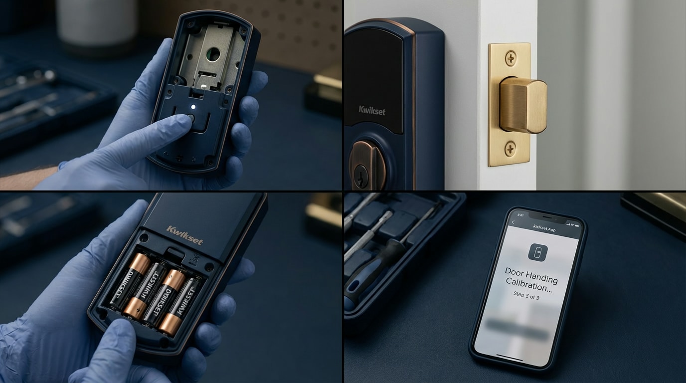 Professional locksmith performing Kwikset Aura smart lock installation on a residential front door in San Antonio