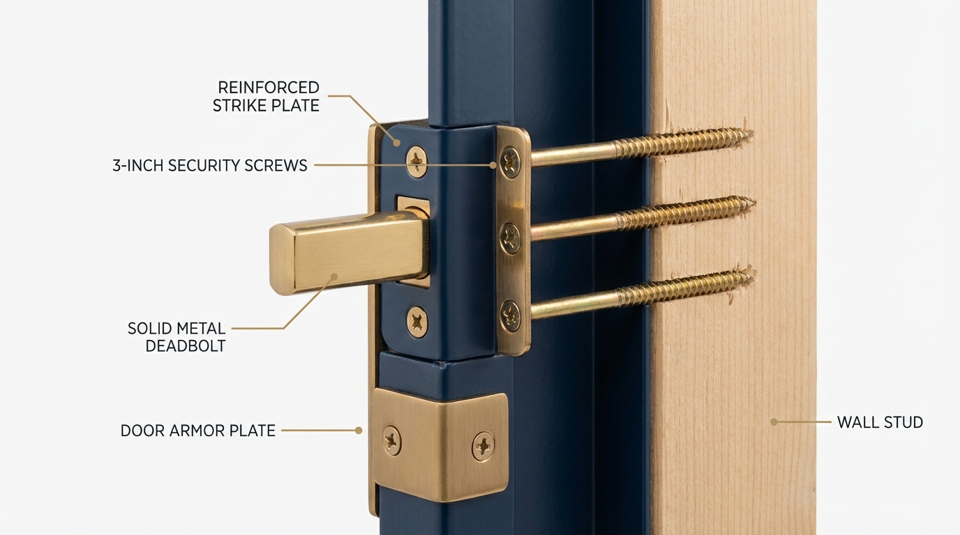 Professional locksmith reinforcing a door frame with long screws and a heavy-duty strike plate on a San Antonio residence