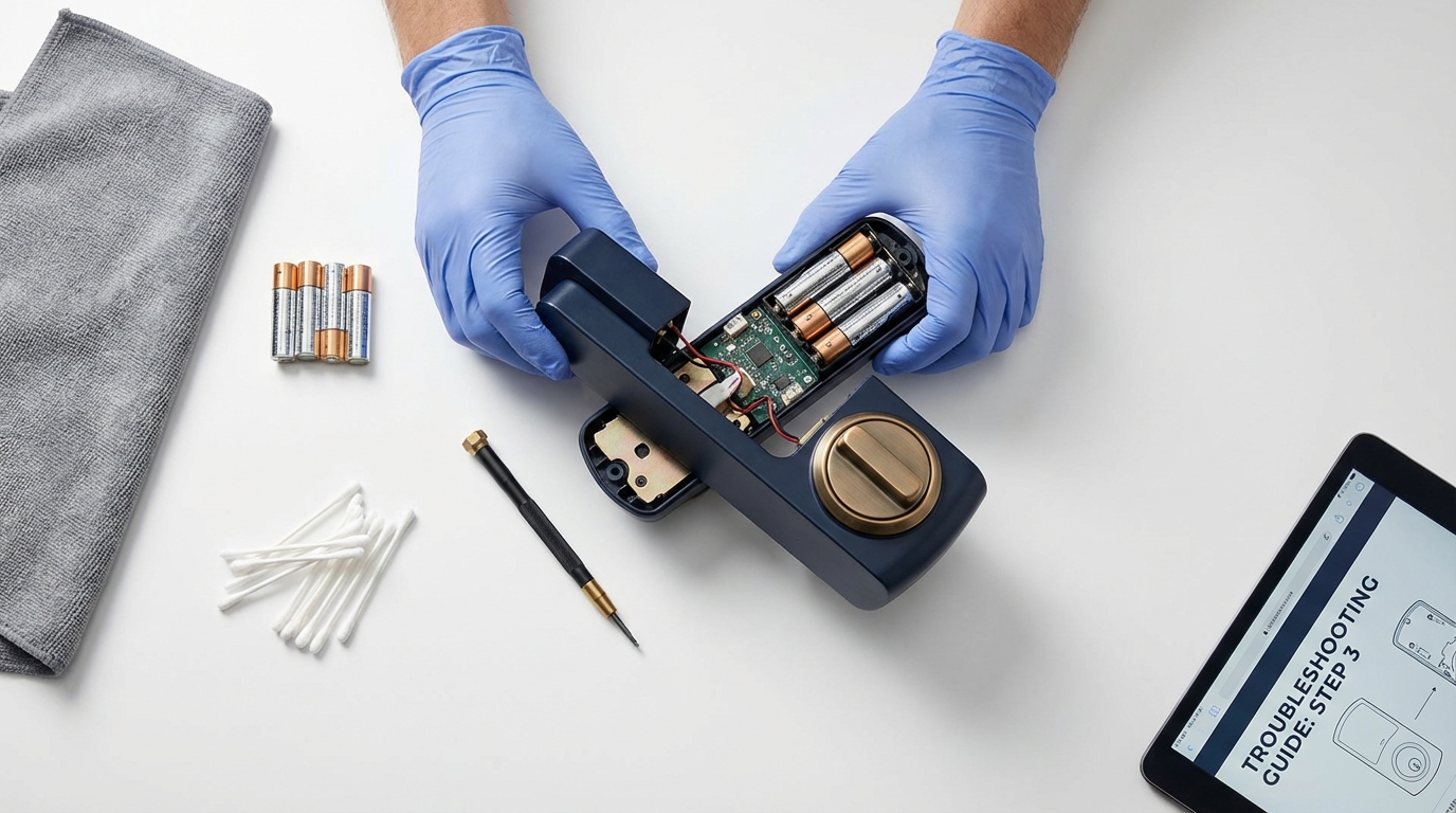 Homeowner checking smart lock keypad and battery compartment during troubleshooting in San Antonio