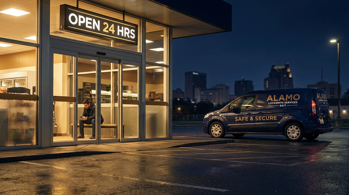 Person waiting safely in a well-lit area near their vehicle while a late night locksmith is on the way in San Antonio