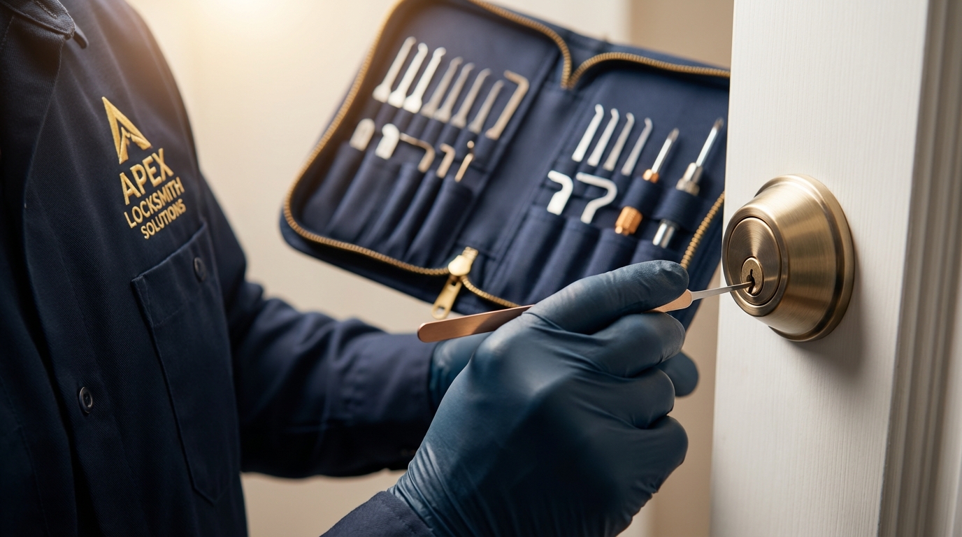 Professional apartment locksmith using non-destructive entry tools on an apartment door lock in San Antonio TX