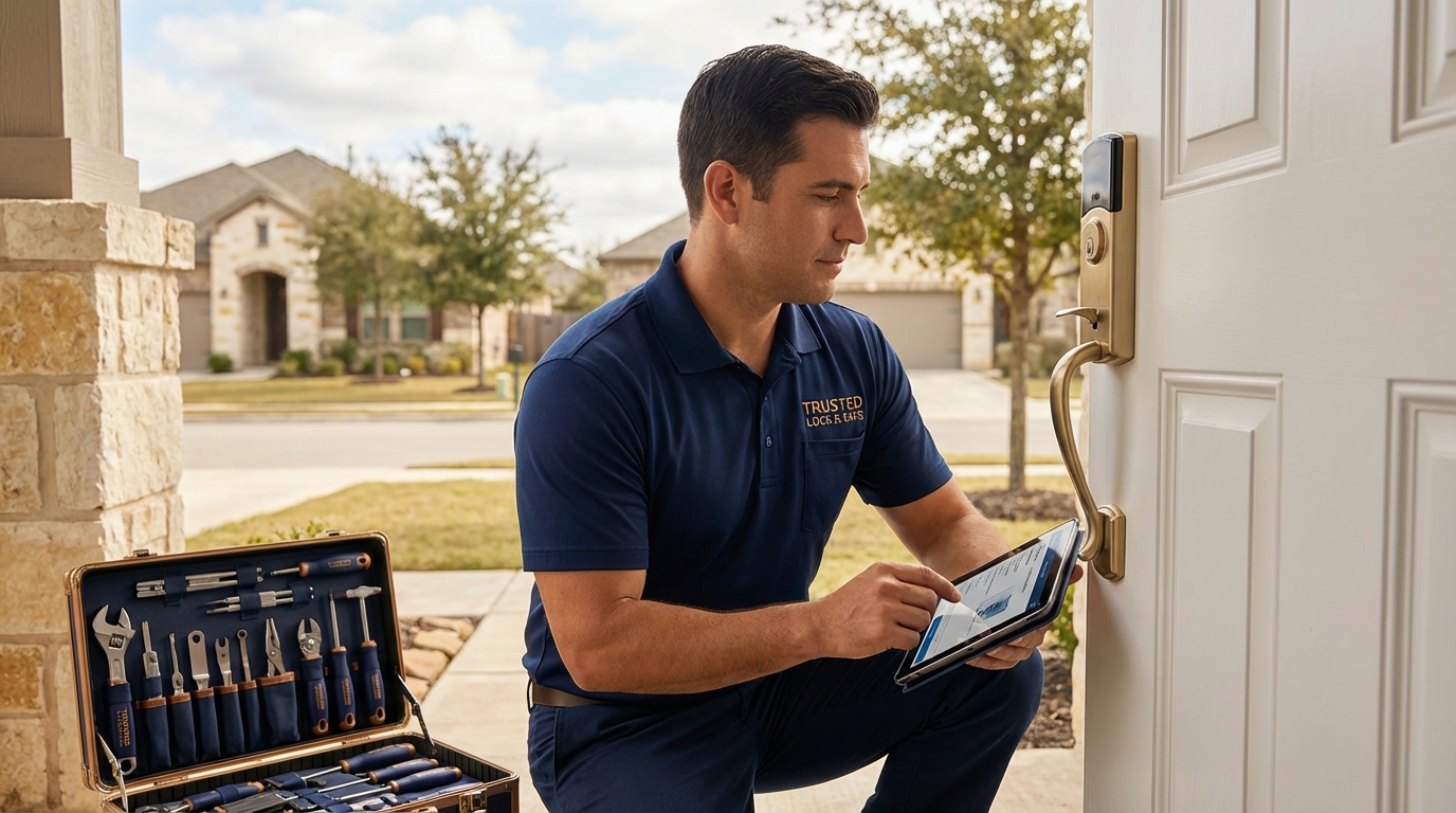Licensed locksmith technician diagnosing and repairing a smart lock on a residential front door in San Antonio