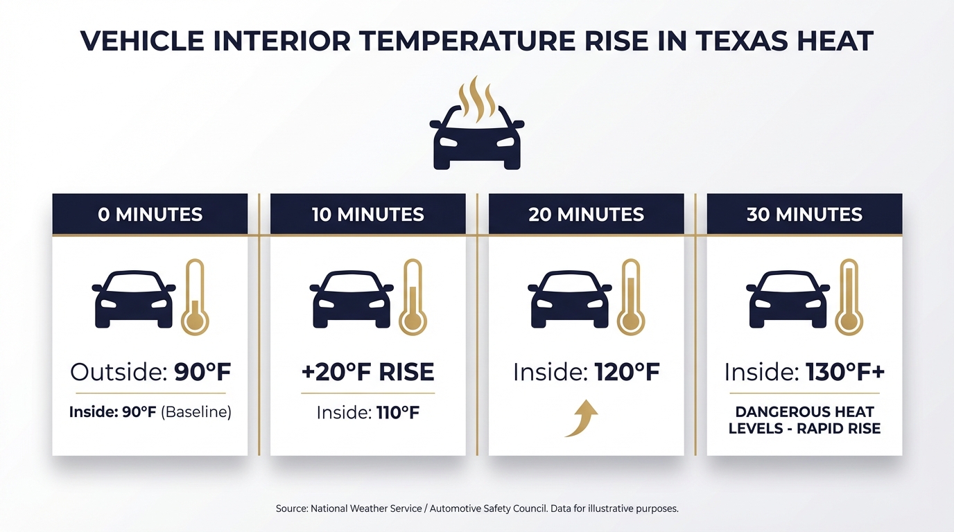 Vehicle temperature rising rapidly in San Antonio Texas heat demonstrating danger to children locked in cars